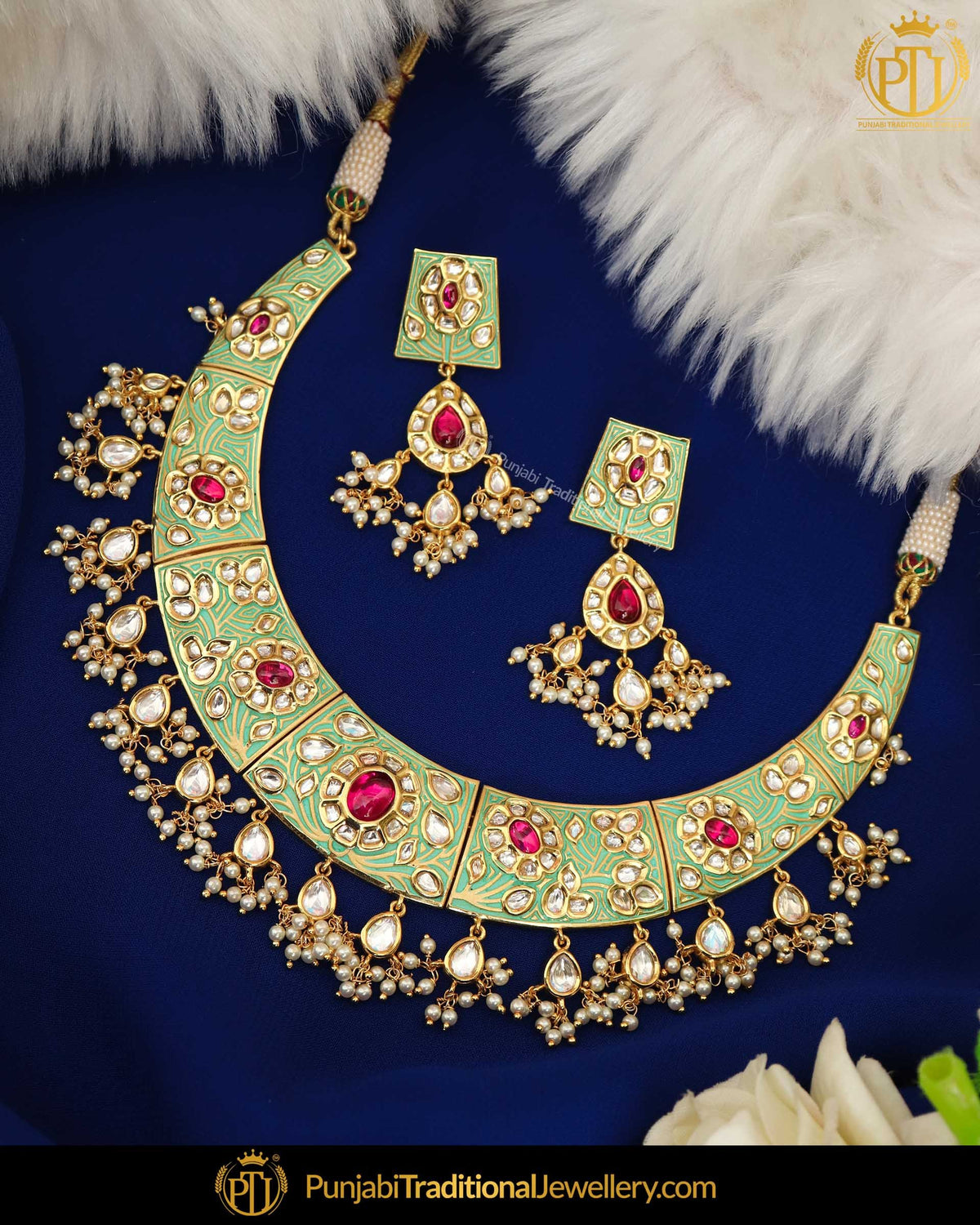 Hand Painted Meena New Jade Rubby Kundan Pearl Necklace Set | Punjabi Traditional Jewellery Exclusive