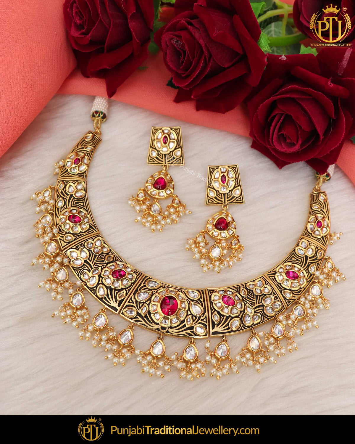 Hand Painted Meena New Jade Rubby Kundan Pearl Necklace Set | Punjabi Traditional Jewellery Exclusive