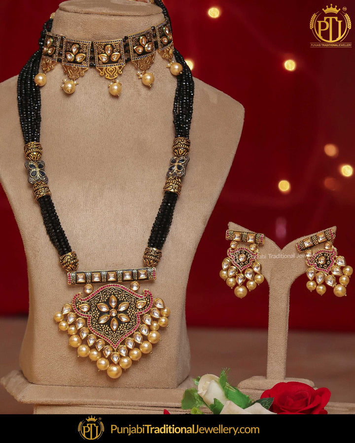 Hand Painted Meena Pearl Choker & Long Mala Necklace Set | Punjabi Traditional Jewellery Exclusive