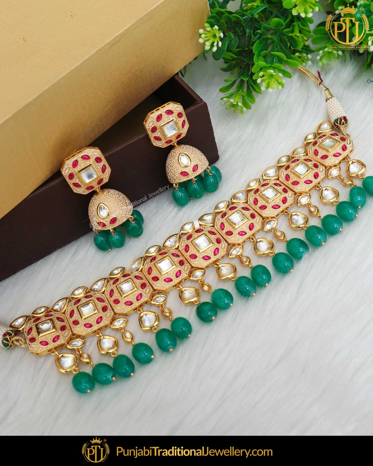 Hand Painted Meena New Jade Rubby Kundan Pearl Necklace Set | Punjabi Traditional Jewellery Exclusive