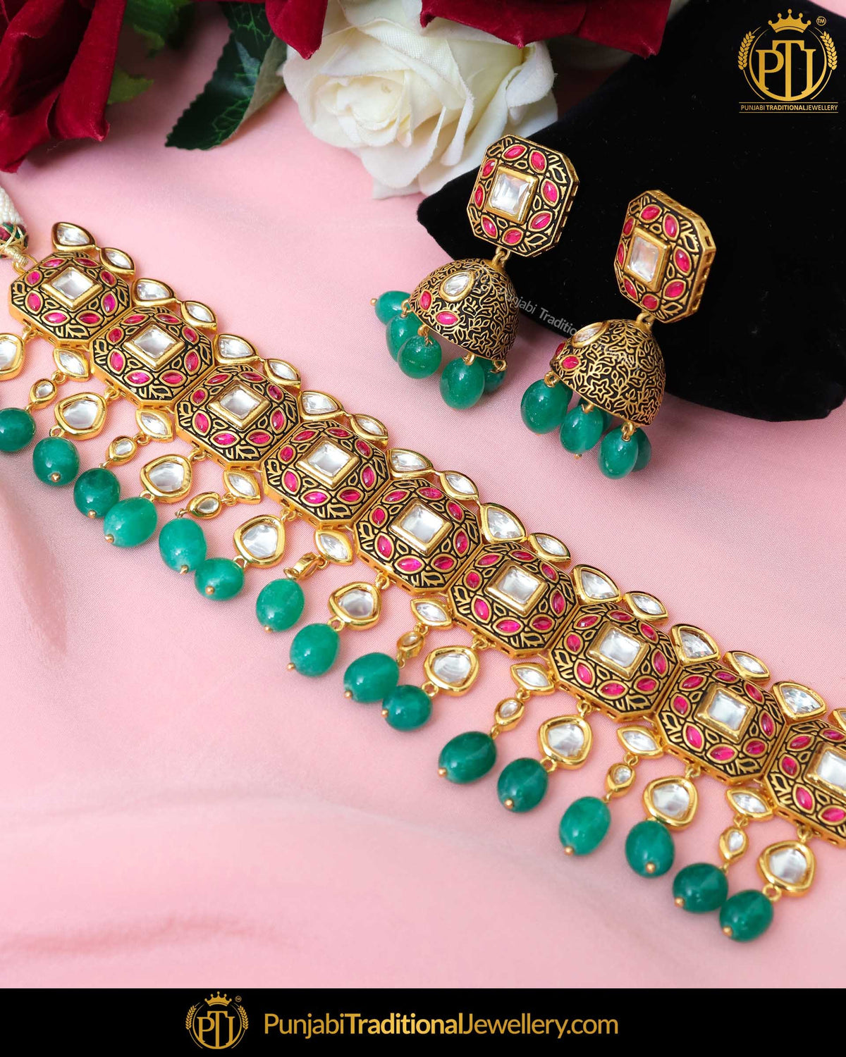 Hand Painted Meena New Jade Rubby Kundan Pearl Necklace Set | Punjabi Traditional Jewellery Exclusive