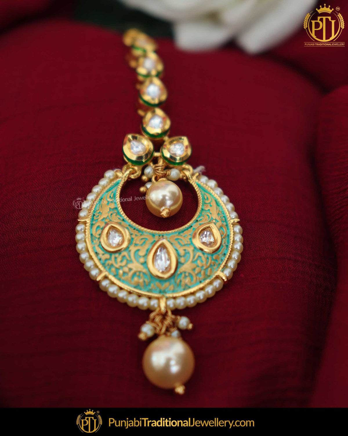 Hand Painted Meena Emerlad Kundan Pearl Tikka | Punjabi Traditional Jewellery Exclusive