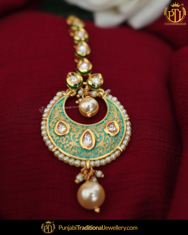 Hand Painted Meena Emerlad Kundan Pearl Tikka | Punjabi Traditional Jewellery Exclusive