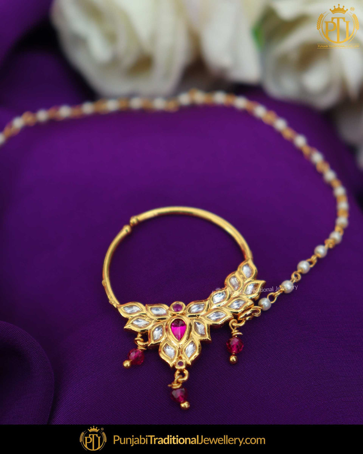 Gold Finished Purple Kundan Pearl Nath | Punjabi Traditional Jewellery Exclusive