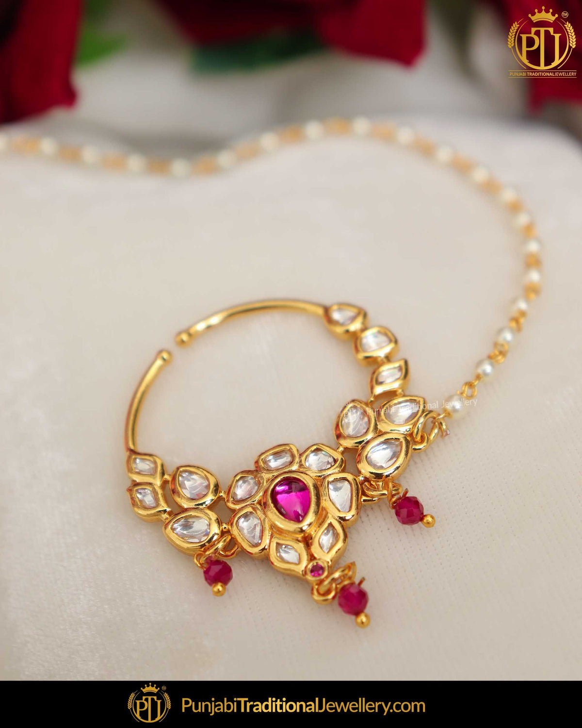 Gold Finished Purple Kundan Pearl Nath | Punjabi Traditional Jewellery Exclusive