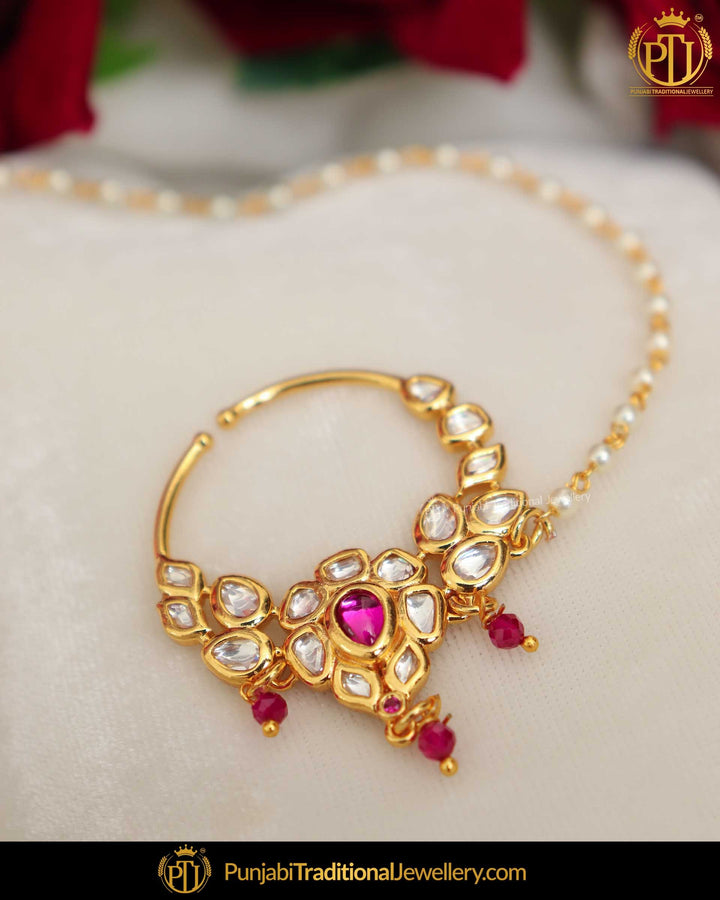 Gold Finished Purple Kundan Pearl Nath | Punjabi Traditional Jewellery Exclusive