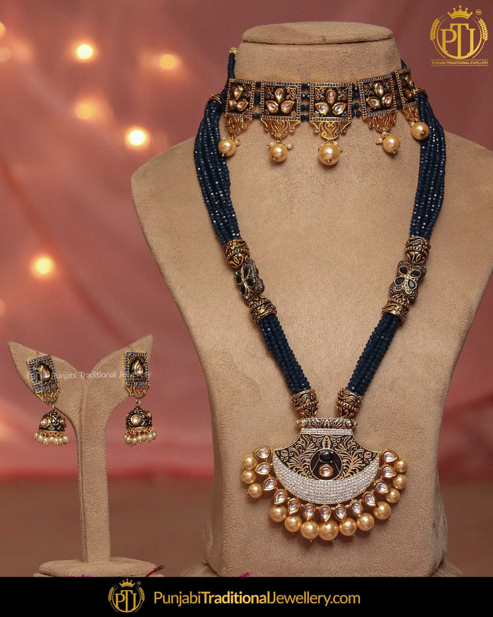 Hand Painted Meena Pearl Blue Choker & Long Necklace Set | Punjabi Traditional Jewellery Exclusive
