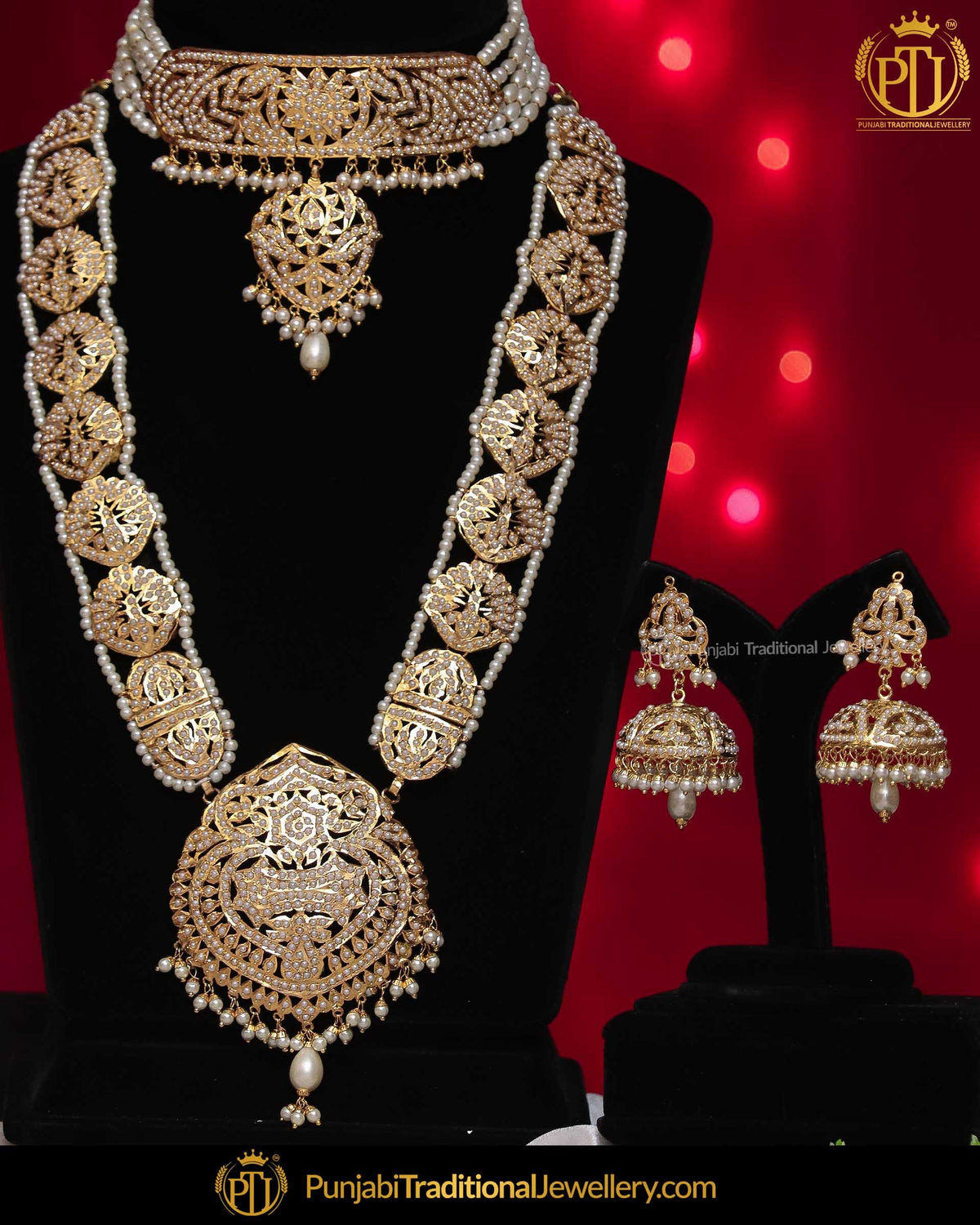 Gold Finished Pearl Jadau Choker & Long Necklace Set | Punjabi Traditional Jewellery Exclusive
