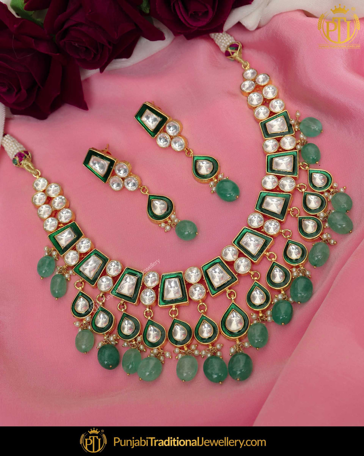 Hand Painted Meena New Jade Kundan Pearl Necklace Set | Punjabi Traditional Jewellery Exclusive