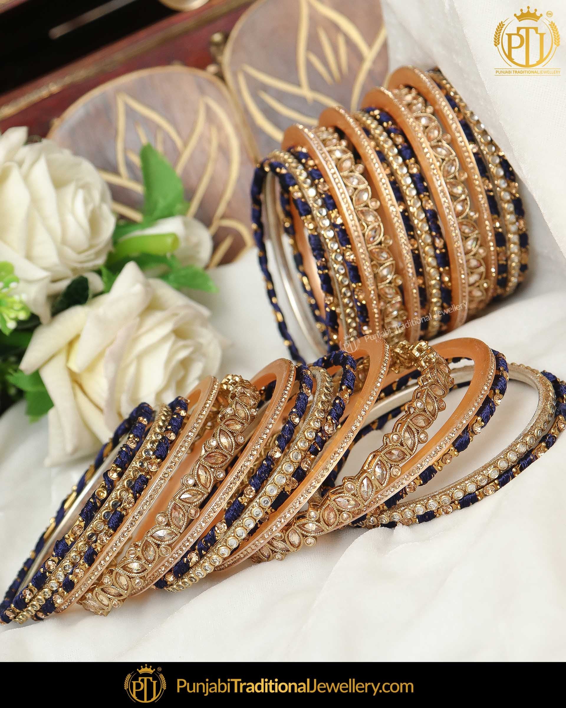 Blue Thread Champagne Stone Bangles Set (Both Hand Pair) | Punjabi Traditional Jewellery Exclusive