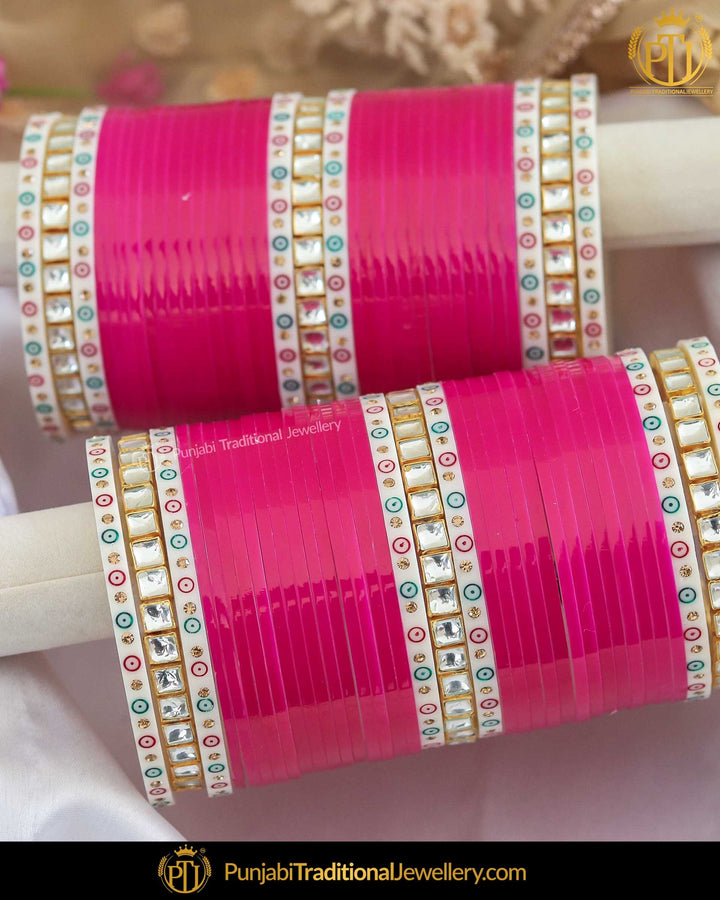 Dotted Kundan Hot Pink Gold Bridal Chura | Punjabi Traditional Jewellery Exclusive