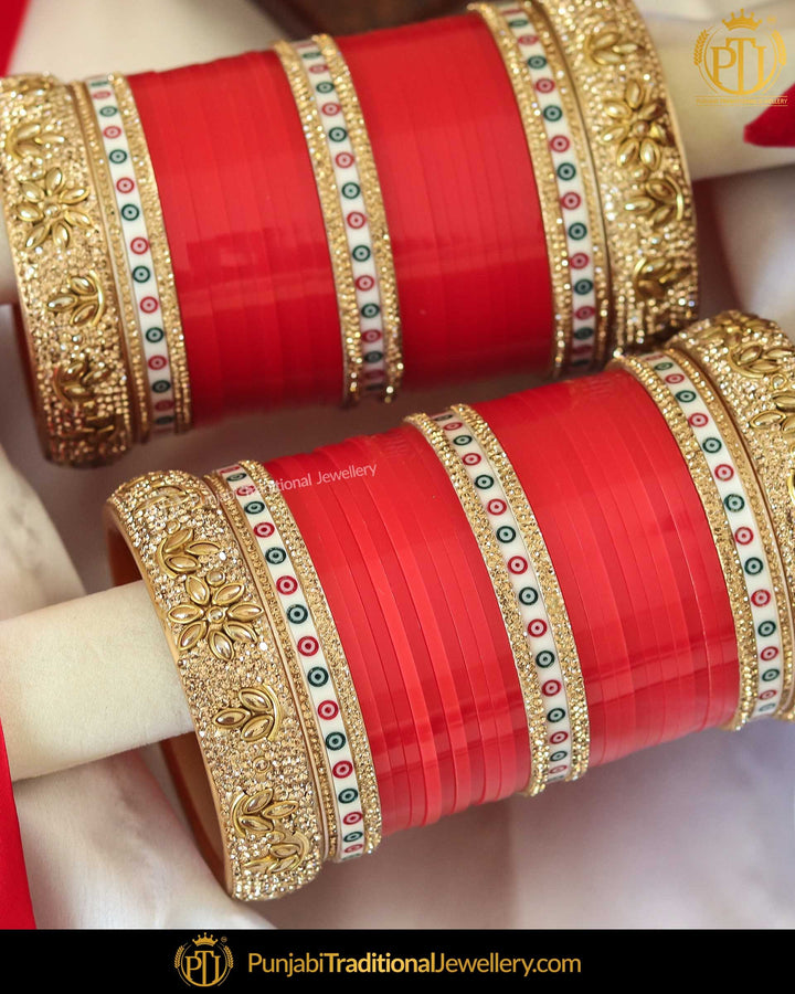 Antique Gold Dotted Red Bridal Chura | Punjabi Traditional Jewellery Exclusive