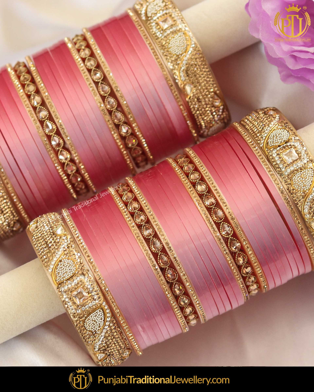 Dotted Champagne Stone & Kundan Monalisa Pink Bridal Chura | Punjabi Traditional Jewellery Exclusive
