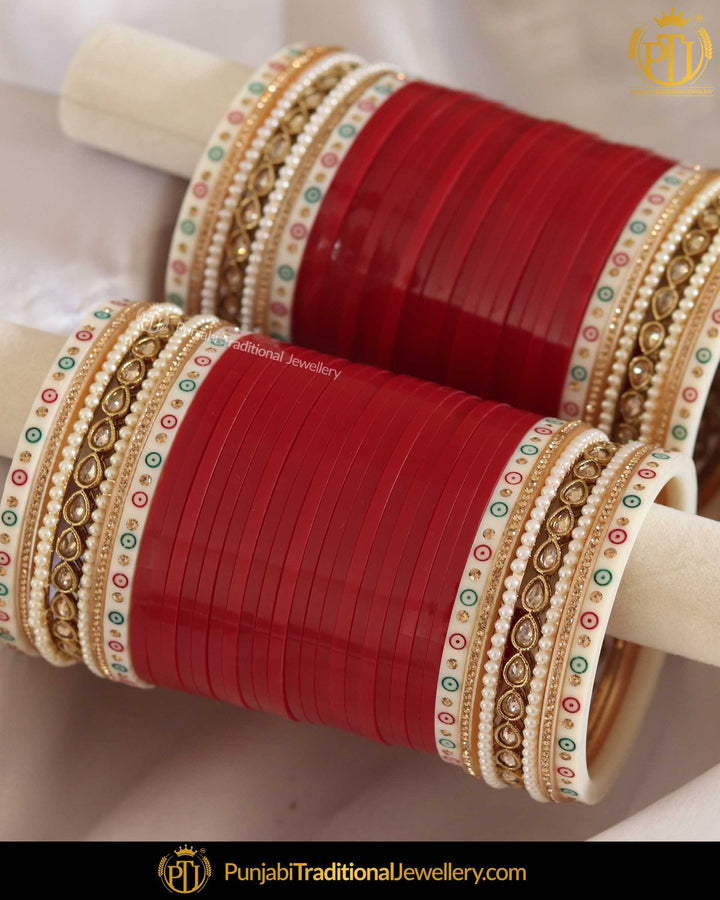 Dotted Champagne Stone Red Bridal Chura | Punjabi Traditional Jewellery Exclusive