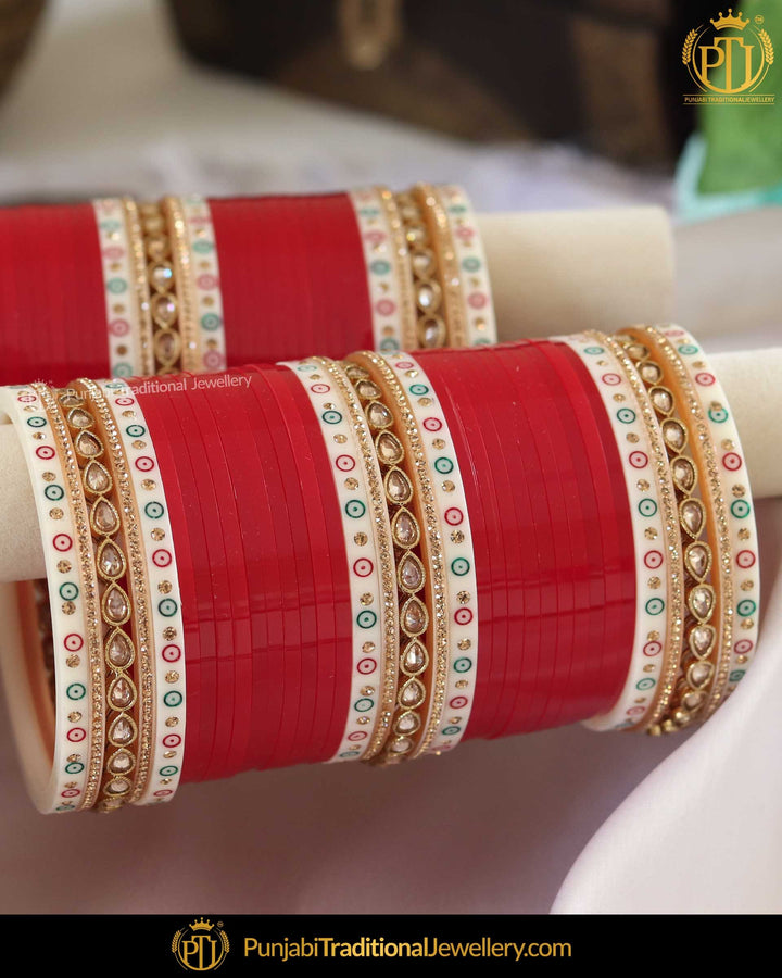 Dotted Champagne Stone Red Bridal Chura | Punjabi Traditional Jewellery Exclusive
