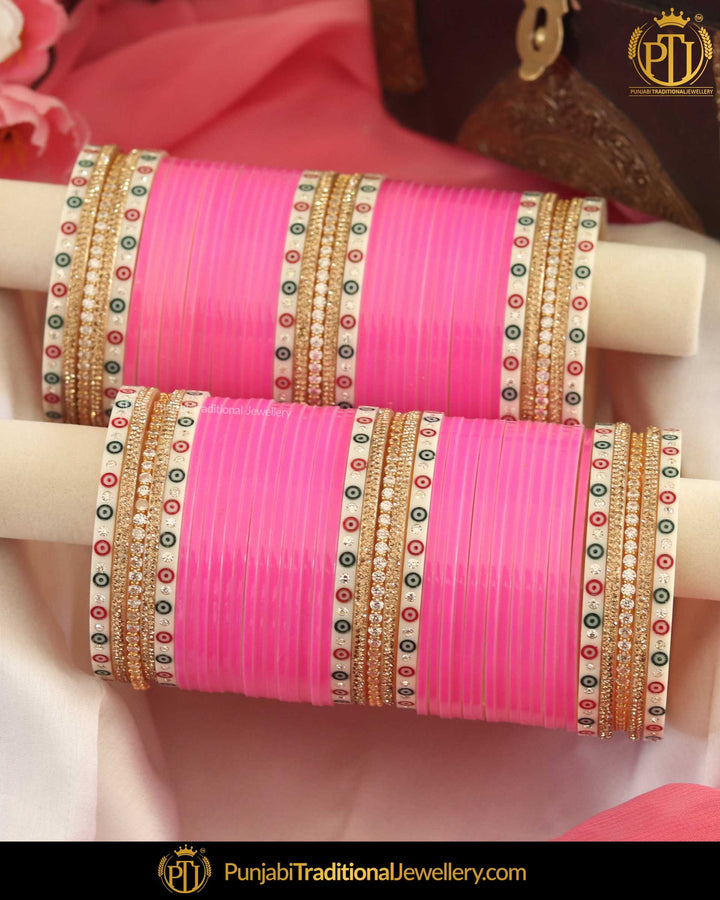 Dotted AD Stone Pink Bridal Chura | Punjabi Traditional Jewellery Exclusive