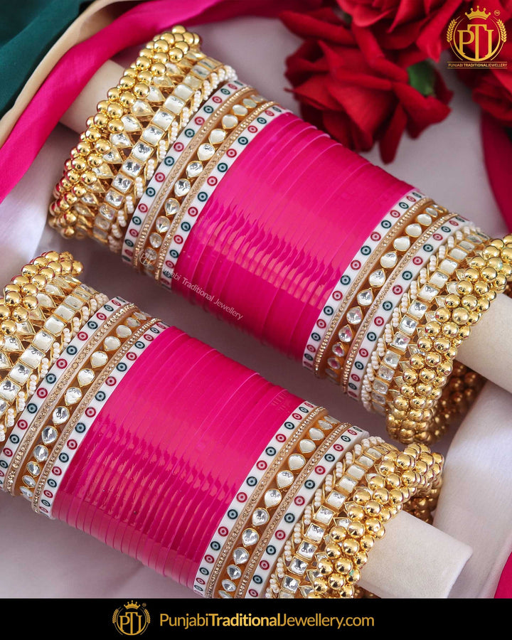 Dotted Kundan Hot Pink Gold Ghungroo Bridal Chura | Punjabi Traditional Jewellery Exclusive