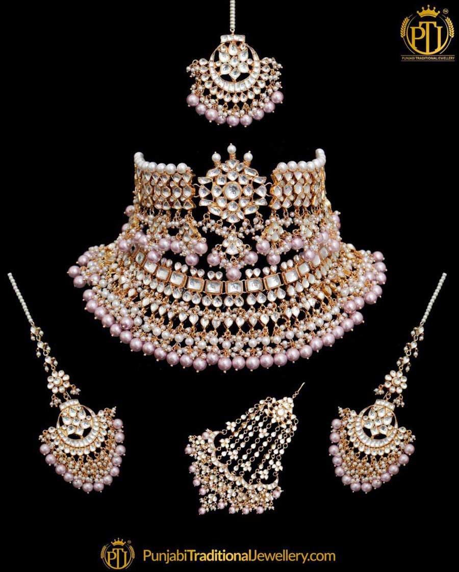 Gold Finished Lavender Kundan Pearl Choker Necklace Set | Punjabi Traditional Jewellery Exclusive