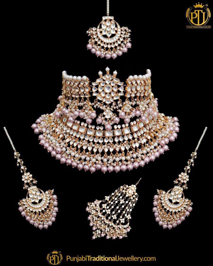Gold Finished Lavender Kundan Pearl Choker Necklace Set | Punjabi Traditional Jewellery Exclusive