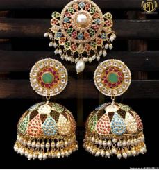 Gold Finished Navratan Jhumki Jadau Kundan  Pearl Earrings | Punjabi Traditional Jewellery Exclusive