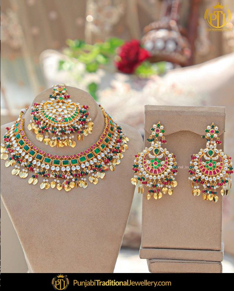 Antique Gold Finished Rubby Emerald Pippal Patti Pearl Kundan Necklace Set | Punjabi Traditional Jewellery Exclusive