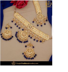 Gold Finished Blue Kundan Choker Set | Punjabi Traditional Jewellery Exclusive